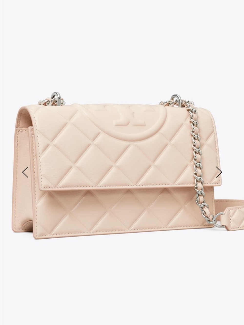 Tory Burch pale pink/neutral Quilted Crossbody in Blush Pink with Silver Chain